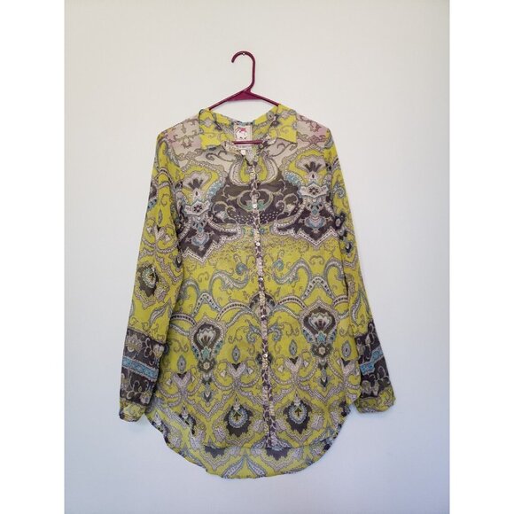 Yoana Baraschi Tops - Yoana Baraschi Womens S Blouse Button Front Anthropologie Boho Green Gray Sheer